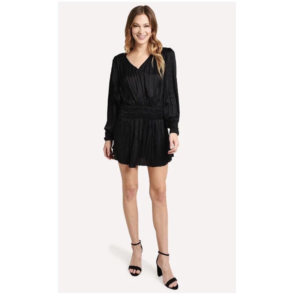FRAME Black Pleated Long Sleeve V Neck Mini Dress Size Small